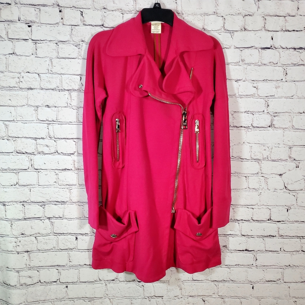 Sonia Rykiel Hot Pink Trench Coat Jacket Zipper Embellished Size 36 Drapey Wool